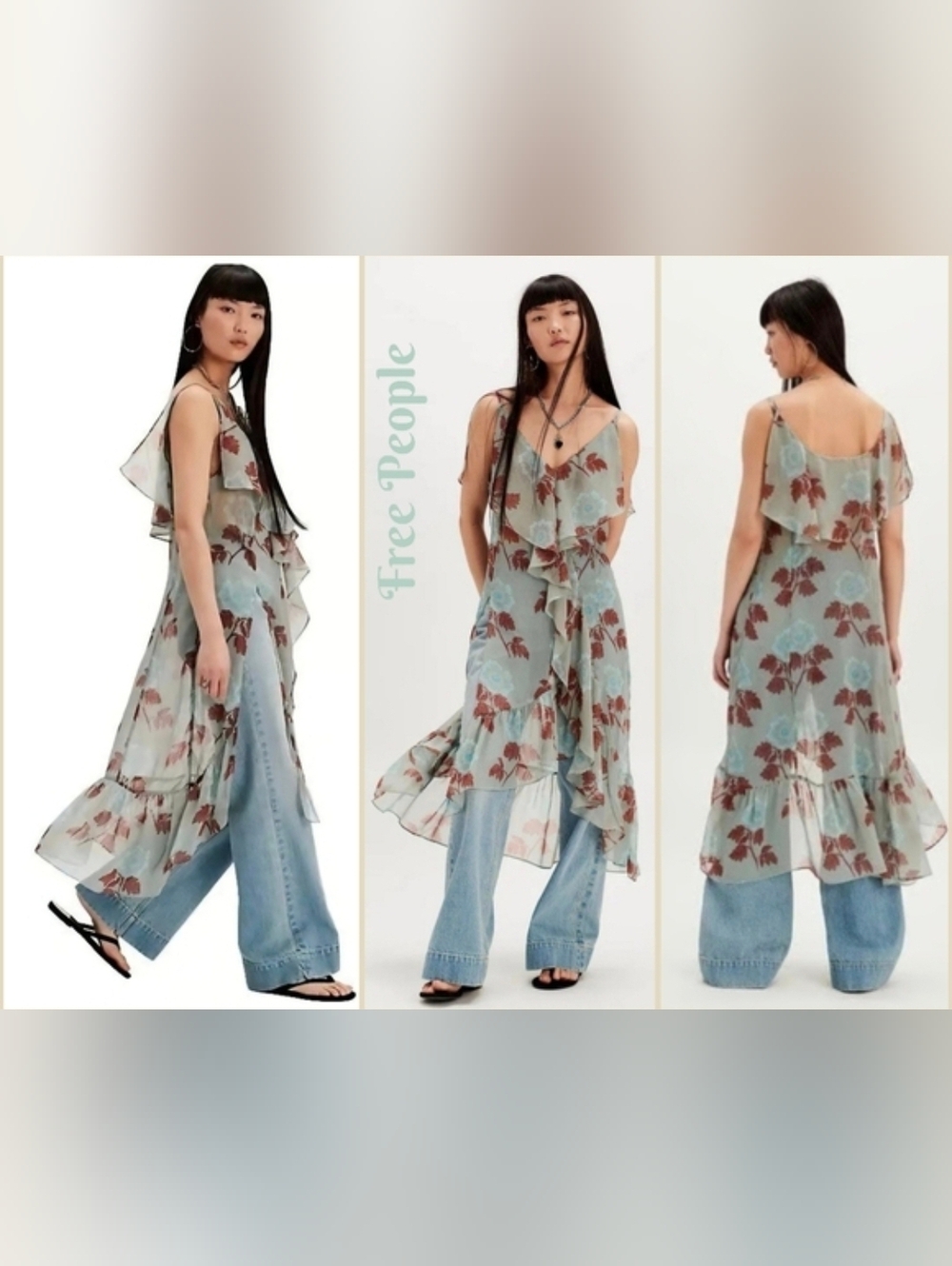 Free People Blue Floral Ruffled Slip Dress